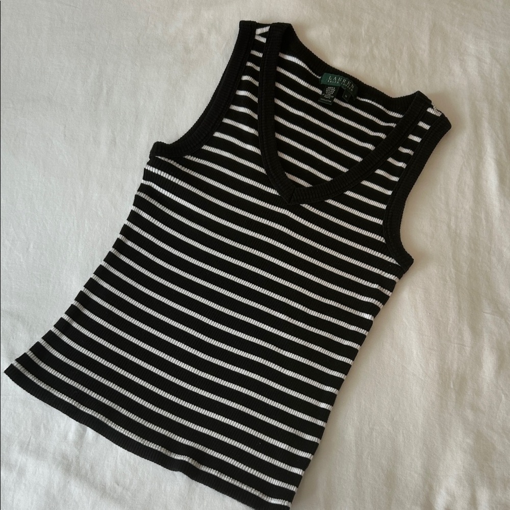 Ralph Lauren Black and White Cotton Striped V-Neck Tank M